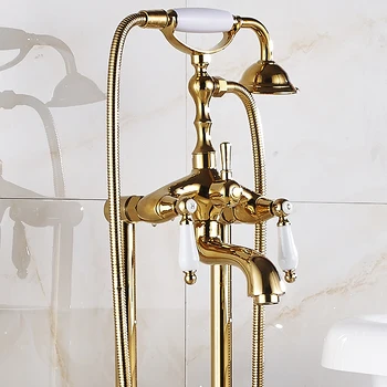 

Brass Dual Handle Floor Mount Tub Mixer Faucet Freestanding Clawfoot Bathtub Sink Faucet Swivel Spout 150cm Shower Hose