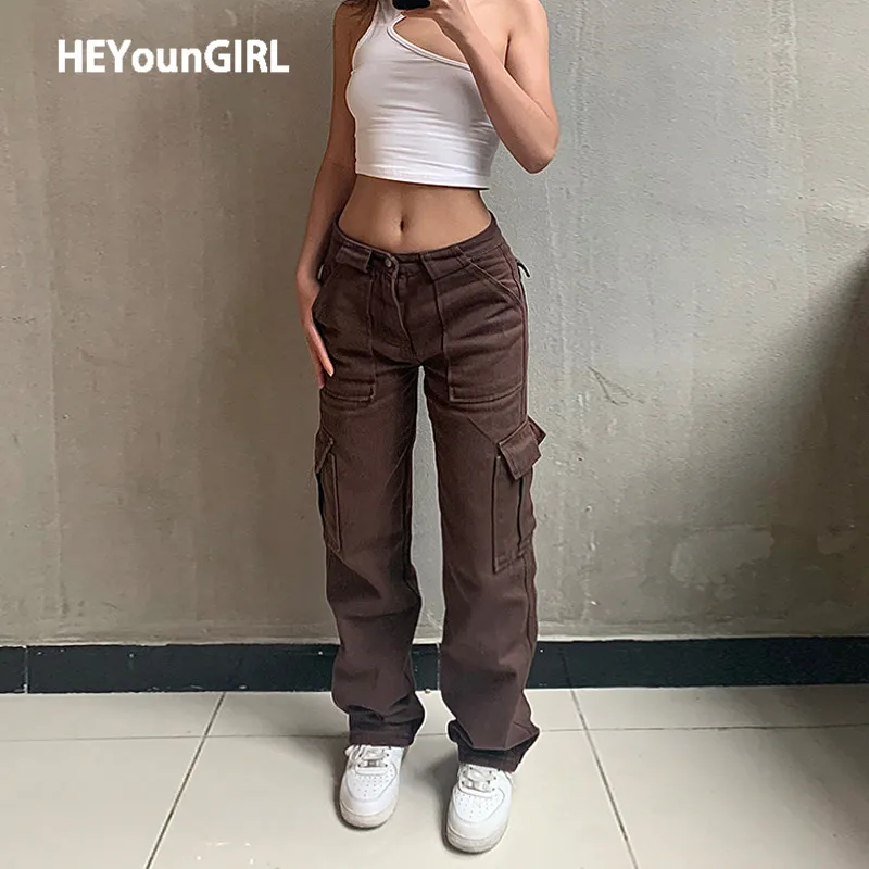 Повседневные Коричневые джинсы HEYounGIRL женские брюки-карго с высокой талией