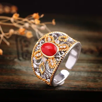 

Ladies Palace Fashion Gold-plated Carved Red Agate S925 Sterling Silver Open Ring