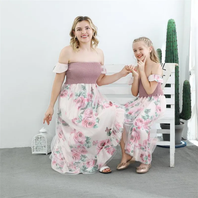 Mom Daughter Dress Floral Print Parent-child Matching Irregular Hem Sleeveless Off-shoulder Long with Ruffles 3-8Y | Мать и ребенок