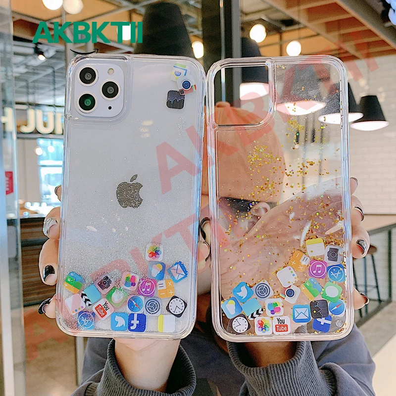 Cute APP Software Music Liquid Glitter Quicksand Camera Case for iPhone 11 Pro Max XR XS 6 7 8 Plus Dynamic Fluid Cover |