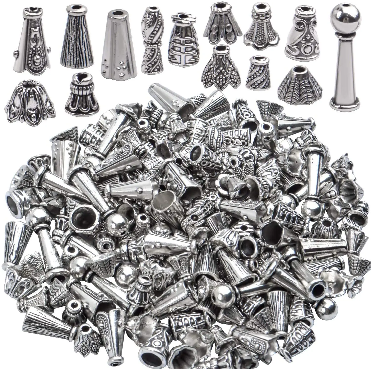 

100 Gram(About 130-190pcs)Antique Silver Mixed Cone Bead Caps Flower Spacer Bead Tassel End Caps for DIY Jewelry Making Supplies