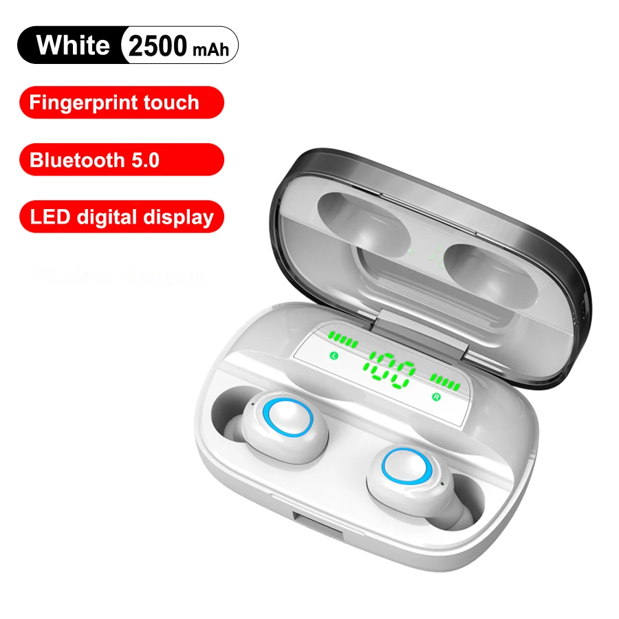 With LED Отпечатков пальцев Touch 5,0 Bluetooth наушники беспроводные наушники TWS стерео наушники с двойным микрофоном 2500 мАч Беспроводная зарядная гарнитура - Цвет: With LED