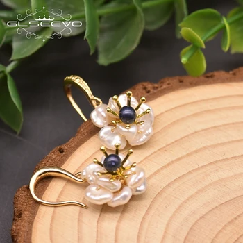 

GLSEEVO Natural Baroque Double Pearls Earrings For Women Engagement Gift Statement Flower Drop Earrings Luxury Jewelry GE0664A