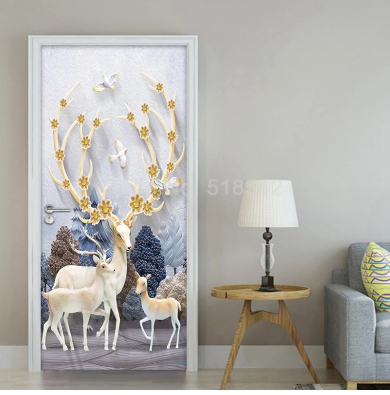 2pcs/set Creative Forest Elk Door Stickers Home Decor Modern PVC Waterproof Kids Room Bedroom Door Sticker Wallpaper Wall Decals