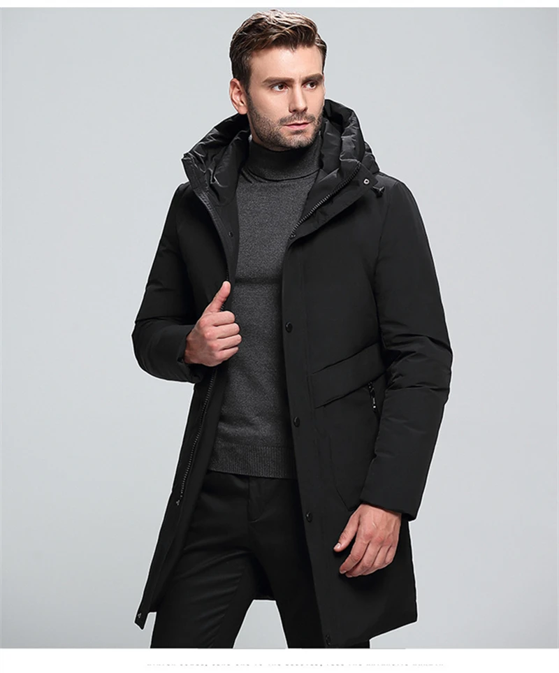 New Men's Black White Down Jacket Fashion Long Hooded Solid Color Thick Winter Warm Gray Jacket Brand Men's Clothing,555