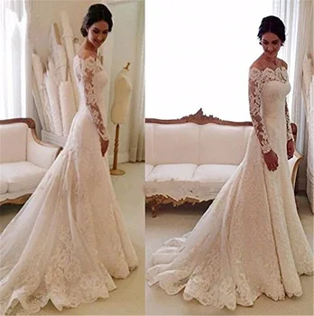 

Wedding Dress Mermaid Lace Long Sleeve Boat Neck Floor-Length Custom Made Vestido De Noiva Bride gown Sexy Plus Size