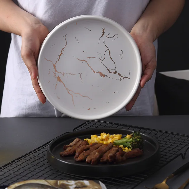 8 Hüvelykes Fő Kurzus Lemez Kerámia Edények Steak Márványminta Arany Pizza Tányéros Tányér - Image 3