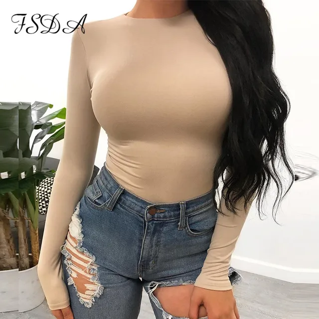 FSDA Long Sleeve Black Bodysuit O Neck Casual Spring Winter White Body Top Sexy Women 2020 Bodysuits Streetwear Khaki
