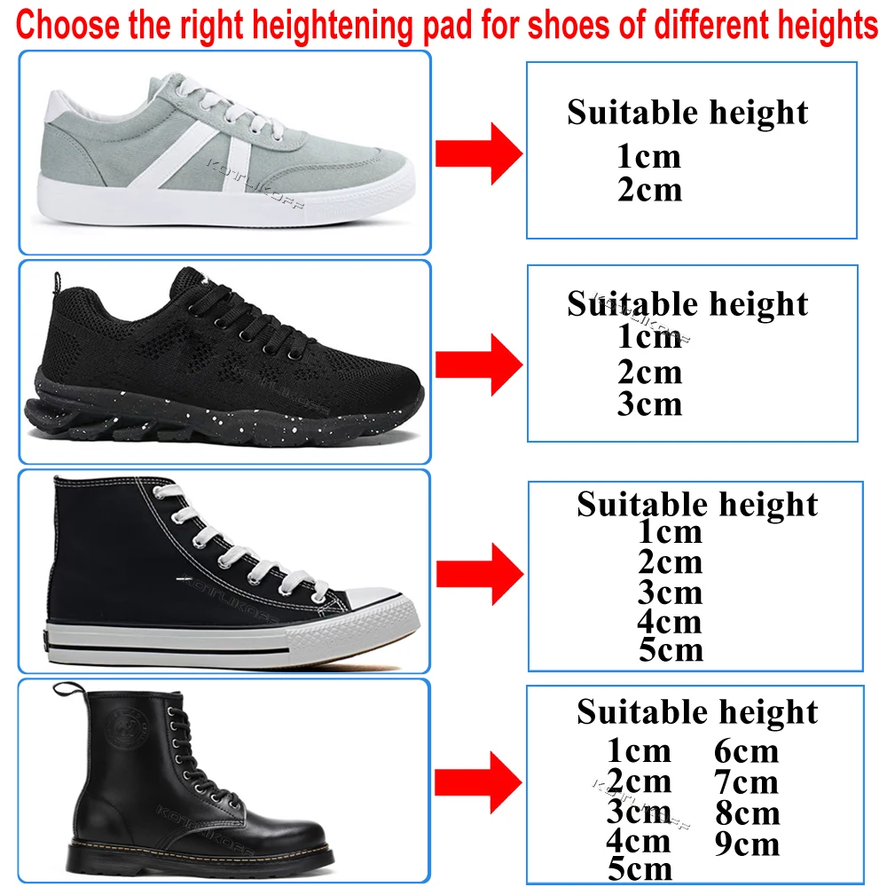 3-9 см, невидимая стелька для увеличения роста, подушка для увеличения высоты, регулируемый крой обуви, вставка на пятке, более высокая поддержка, впитывающая подкладка для ног