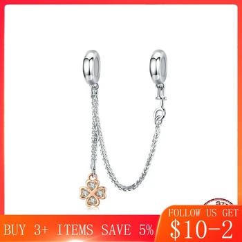 

Four Leaf Clover Safety Chain Charm with Silicone for Women Bracelets 925 Sterling Silver Rose Gold Color Jewelry CMC1261