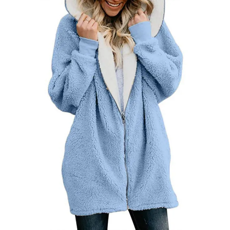 Осенне-зимняя женская модная однотонная трикотажная куртка с длинными рукавами и капюшоном, зимнее теплое пальто на молнии, большие размеры S-5XL - Цвет: Water Blue