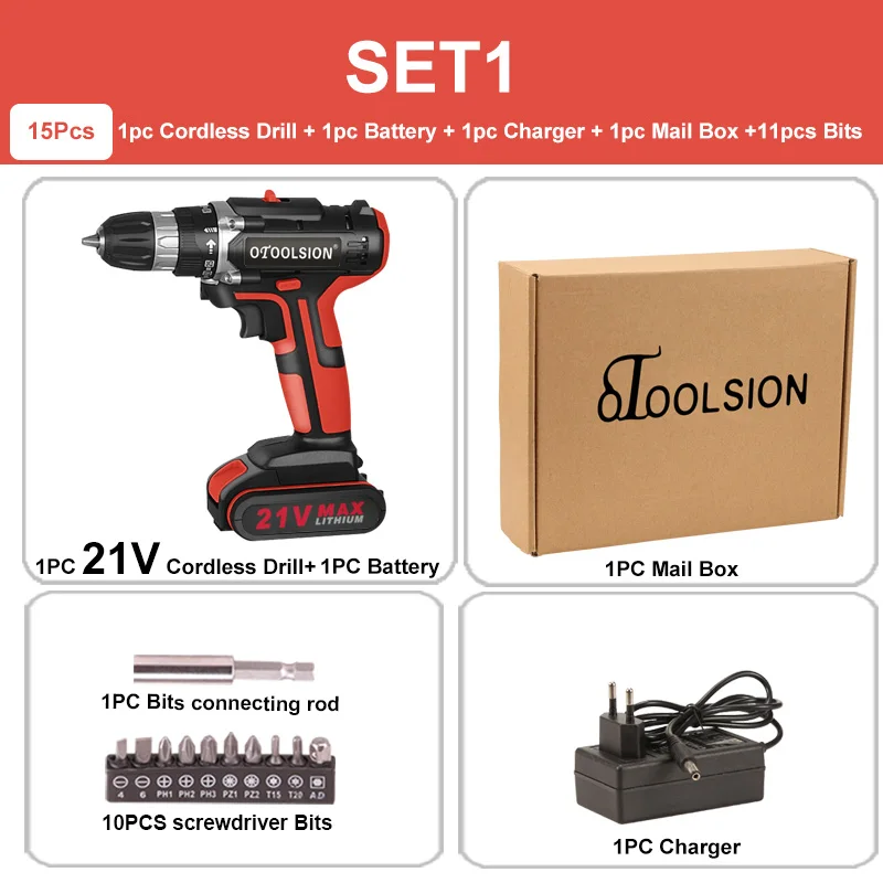 SET1 (1 pc battery) 25+ 1 Toque 21 в Беспроводная Дрель аккумуляторная отвертка электрические инструменты Электрическая аккумуляторная дрель ручная дрель батарея+ аксессуары для дрели - Цвет: SET1 (1 pc battery)