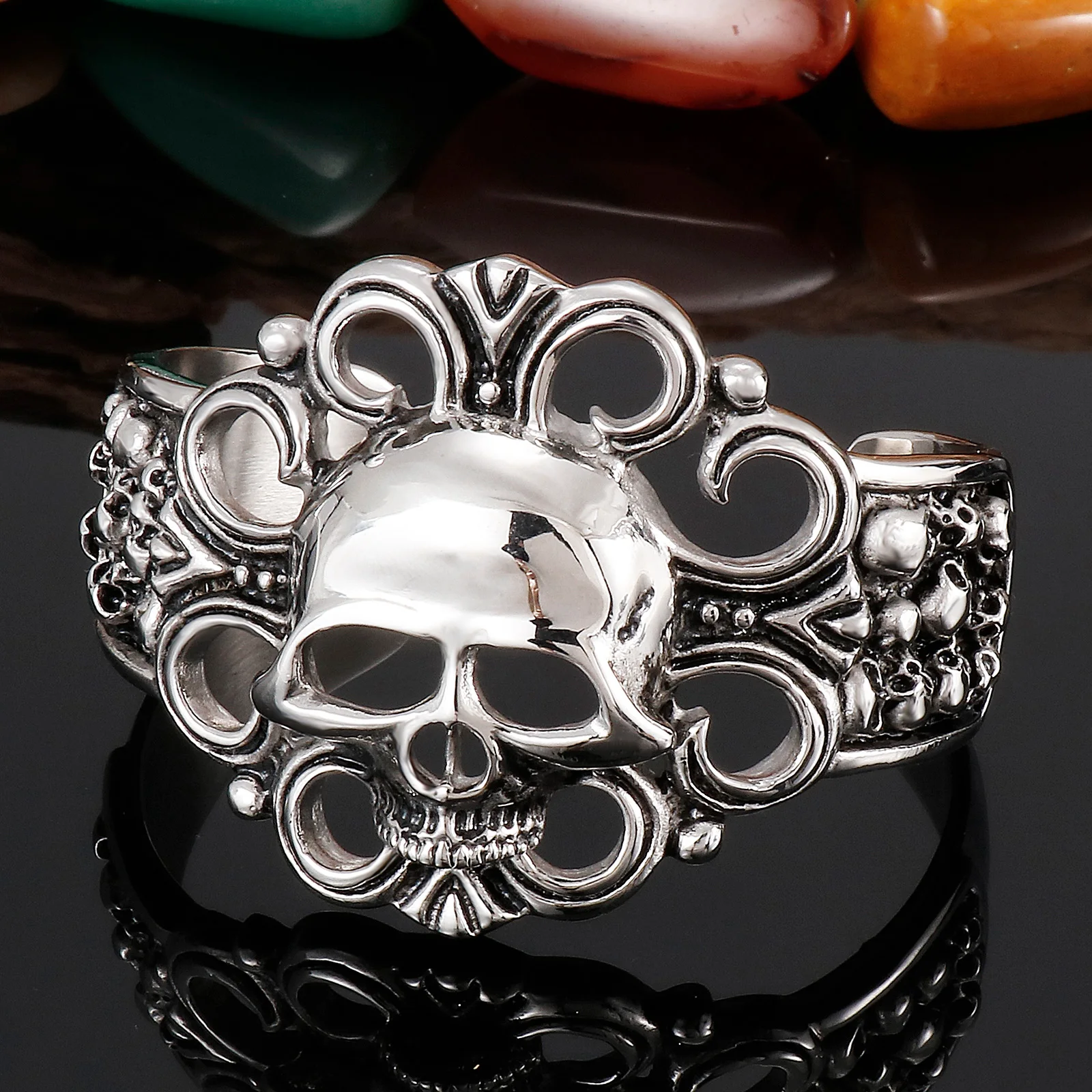 Punk Gothic Stainless Steel Huge Hyperbole Heavy Ghost Head Bangle Men Biker Rock Model Show Bracelets 5
