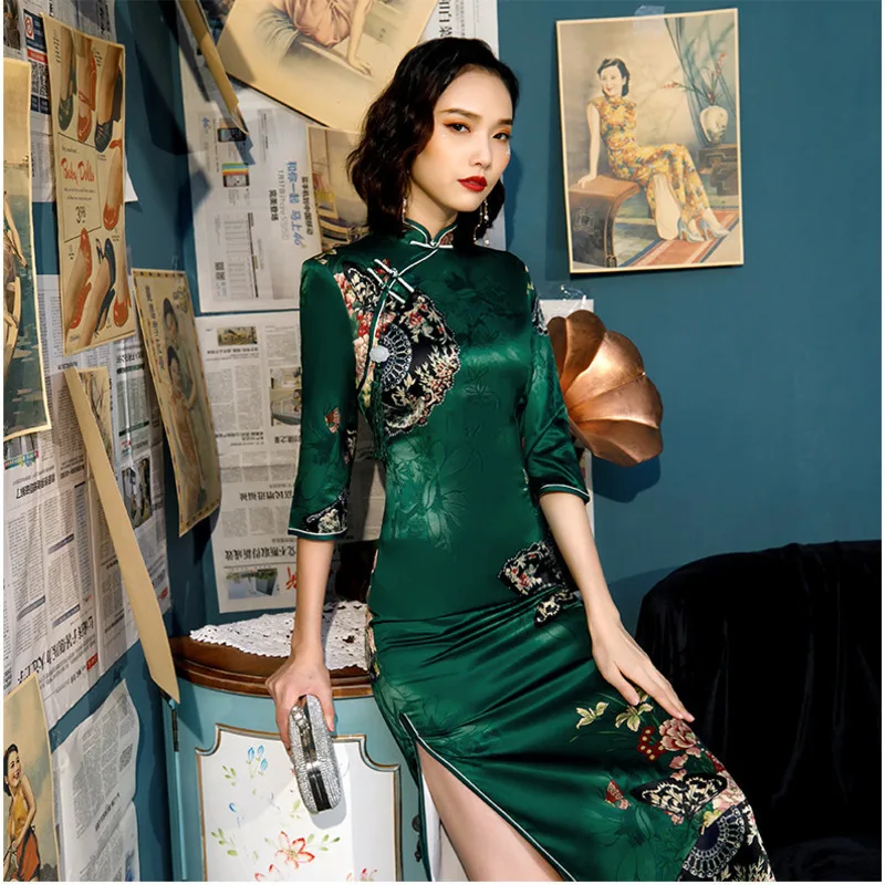 China Cheongsam Manga Longa Padrão Fã S-4xl