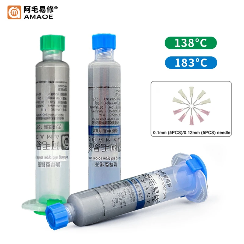 AMAOE Syringe Soldering Flux Tin Paste 138℃ 183℃ Melting Point Solder Paste for Mobile Phone PCB Repair Tools bga solder paste rl 403 1pc flux syringe 10cc 183 degrees sn63 20 38um no clean soldering paste for mobile repair