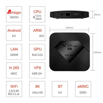 

10pcs/lot X10 MAX 8K TV BOX Android 9.0 Amlogic S905X3 4G RAM 128GB ROM 5G Dual WIFI BT4.0 LED Display HDR H.265 8K Set Top Box