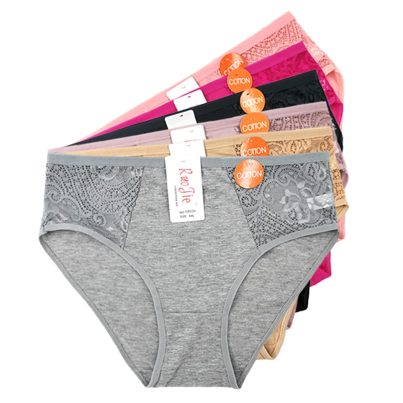 

Cotton 2XL-4XL Big Size High Waist Women's Panties Solid Lace Briefs Underwear Lady Sexy Plus Size Underpants 68039