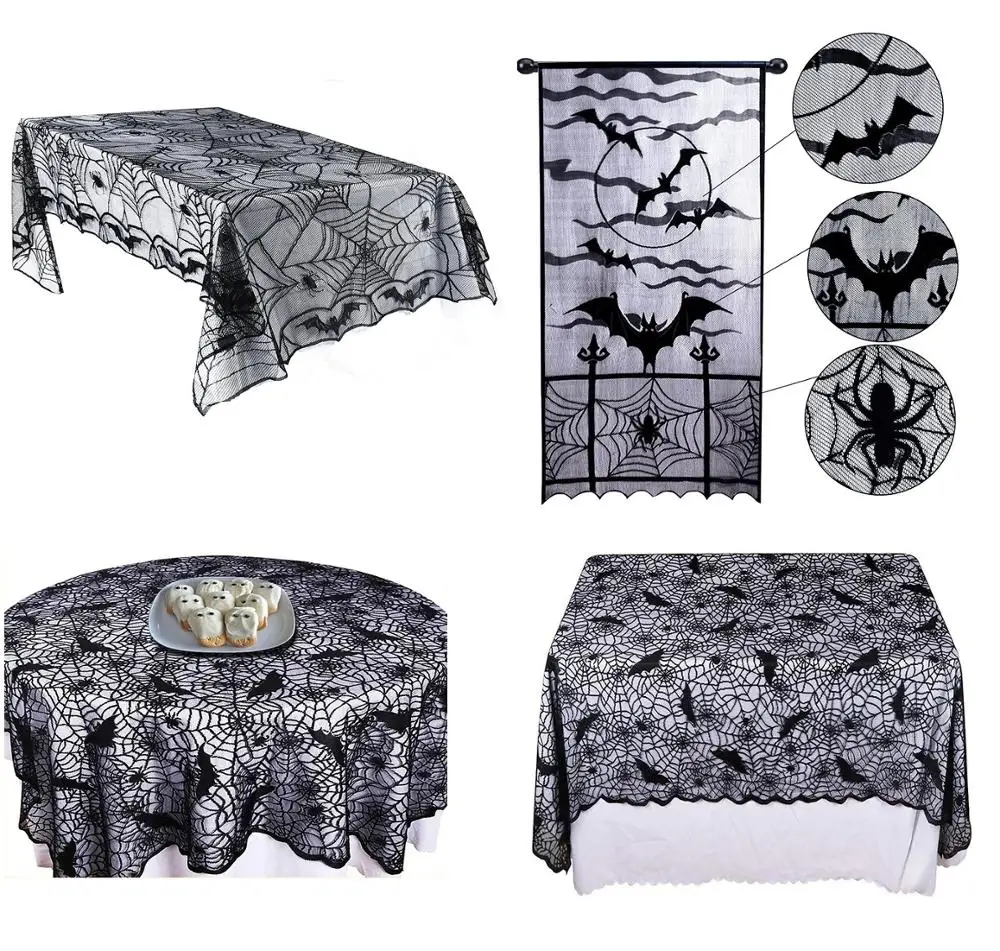 

2019 New Halloween Tablecloth Curtain Spider Web Bat Black Lace Tablecloth Ghost Festival Party Decoration