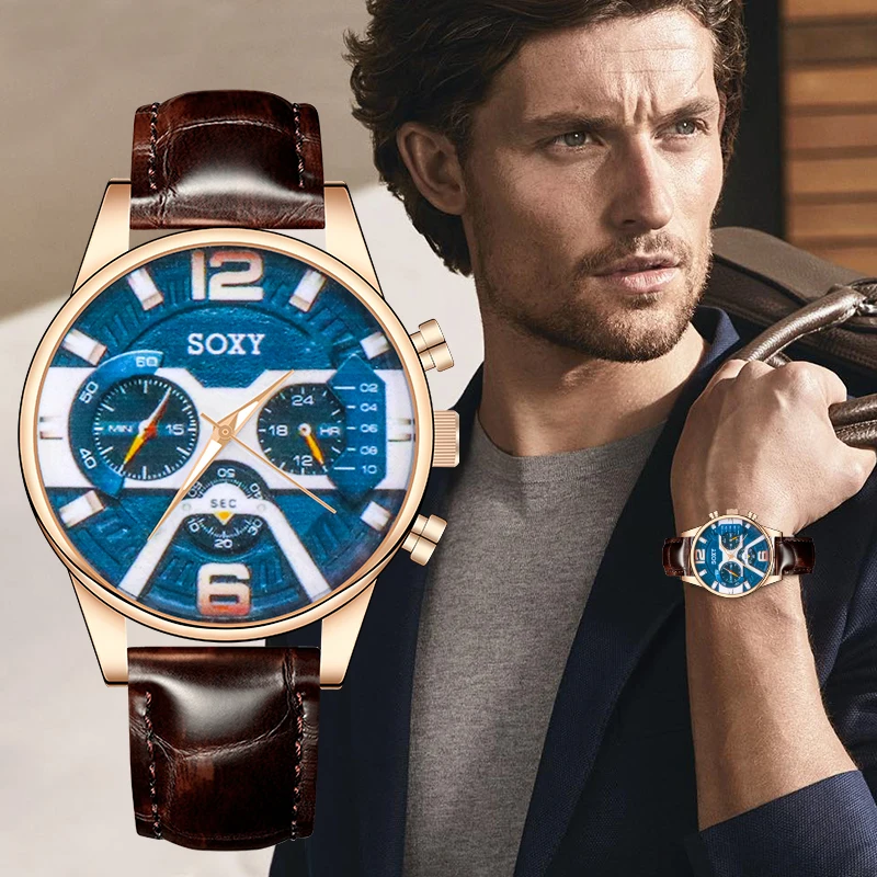 

Men's Watches 2021 New Leather Quartz Man Wrist Watch Denim-Pattern Dial Designed Male Clock Casual Sport relogio masculino