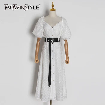

TWOTWINSTYLE Bohemian Patchwork Dot Dress For Women Square Collar Puff Sleeve High Waist Sashes Elegant Dresses Female 2020 New