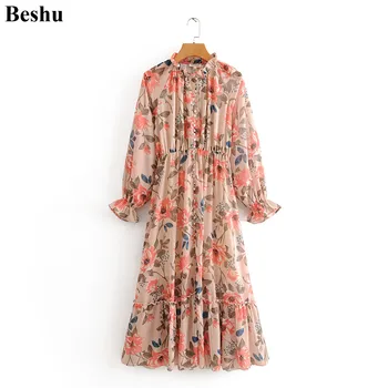 

Za 2019 Fashion Long Dress Women Floral Print Chiffon Ruffle Ruched Lantern Sleeve Single-breasted Beach Dress Vestido Mujer