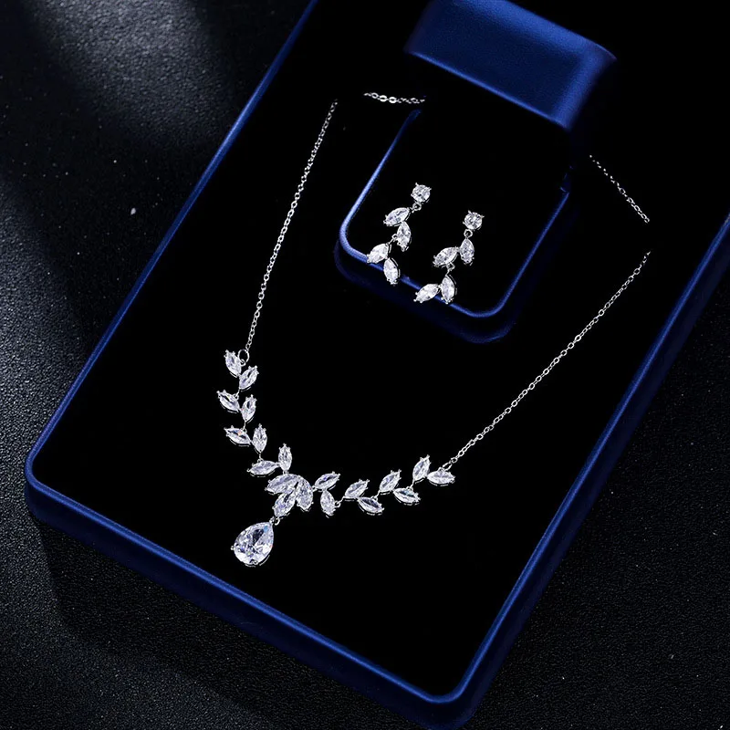 

FORSEVEN Brilliant Cubic Zircon Necklace Earrings Wedding Party Costume Jewelry Sets Bridal Women Dress Accessories JL