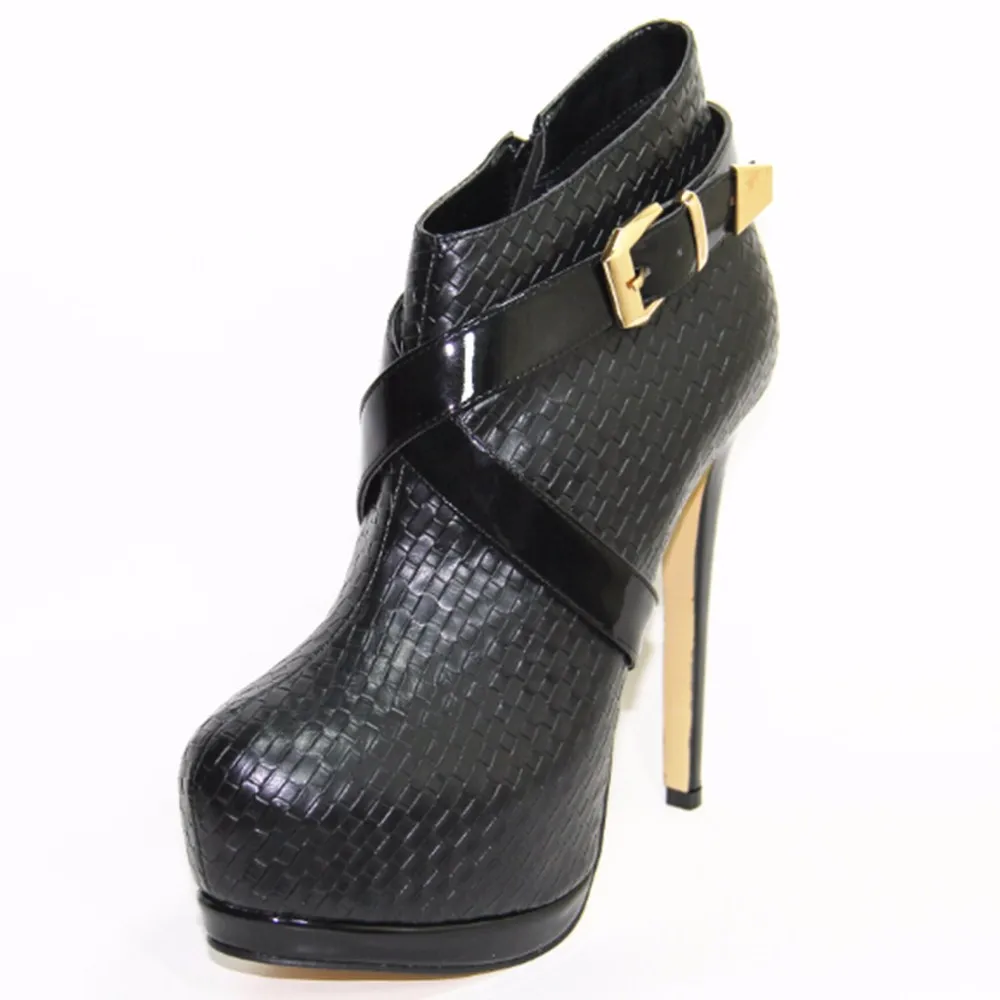 

Minan Ser Beautiful fashion embossed leather buckle decorative zipper 16 cm high-heeled boots. Size: 35-43