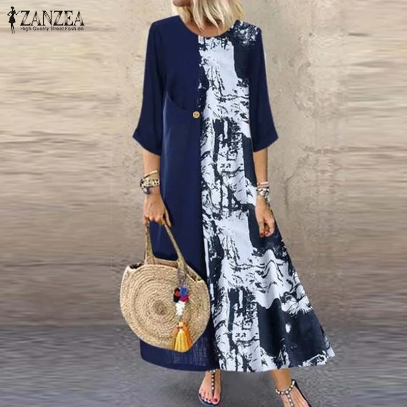 ZANZEA, винтажное платье макси с принтом, женский летний сарафан в стиле пэчворк, осенняя туника с рукавом 3/4, Vestidos, женская повседневная одежда, 5XL