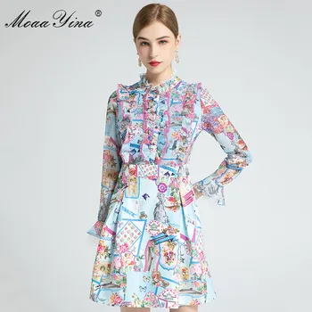 

MoaaYina Fashion Designer dress Spring Women's Dress Long sleeve Ruffles Lace Angel Floral Print Slim Dresses