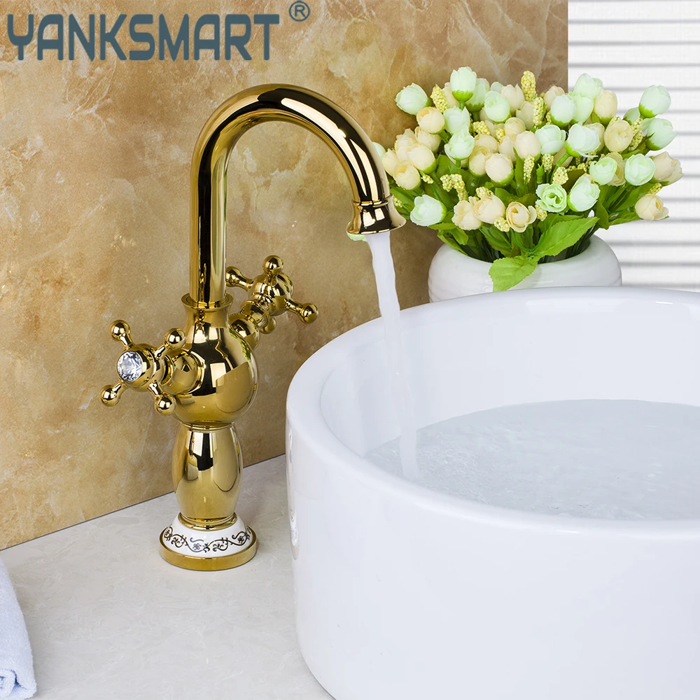 

YANKSMART Gold Polished Bathroom Faucet Dual Handles Deck Mounted Basin Sink Bathtub Faucet Washbasin Hot And Cold Water Tap