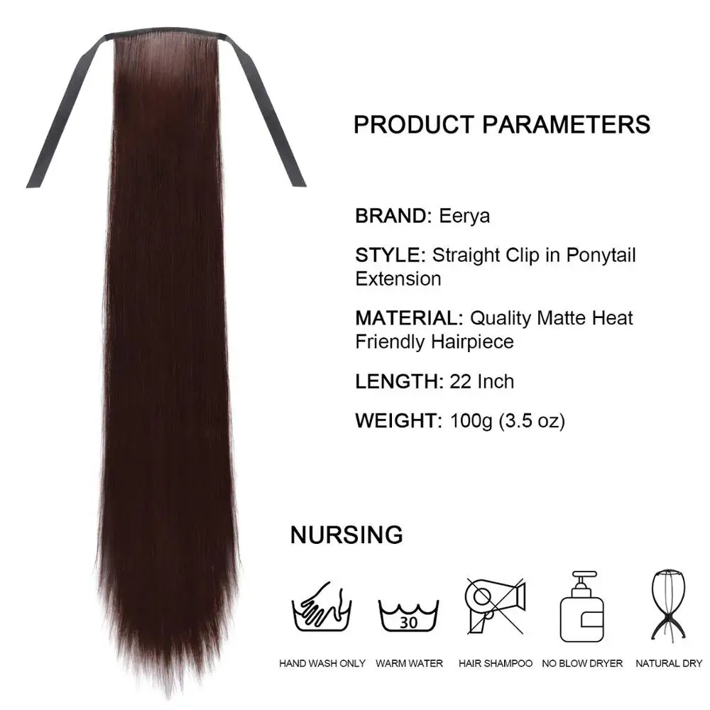 22 inch Long straight Real Natural Ponytail Clip in Pony tail Hair Extensions Wrap Around on Synthetic Hair Piece