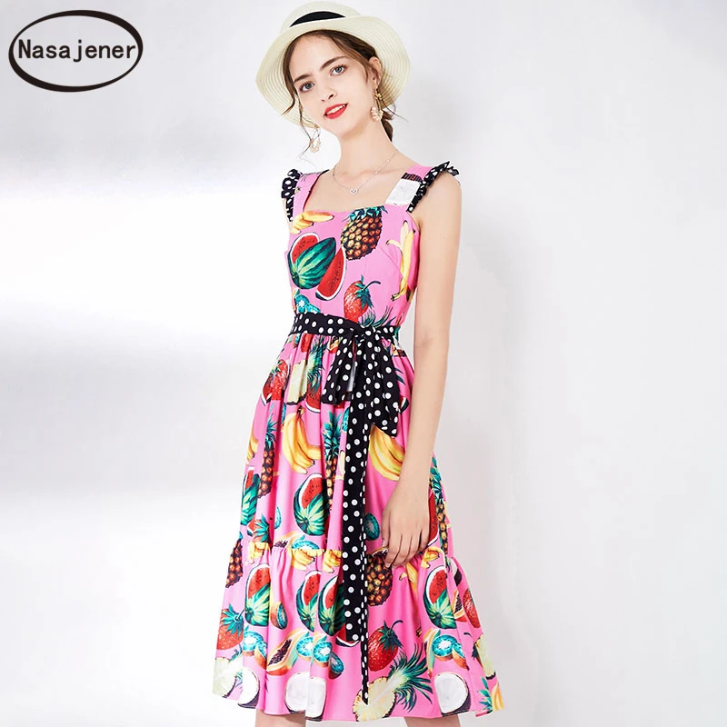 

Spring And Summer 2020 New Runway Fashion Sweet Fruit Print High Waist Collect Waist Sling Large Swing Female Mid-Length Dress
