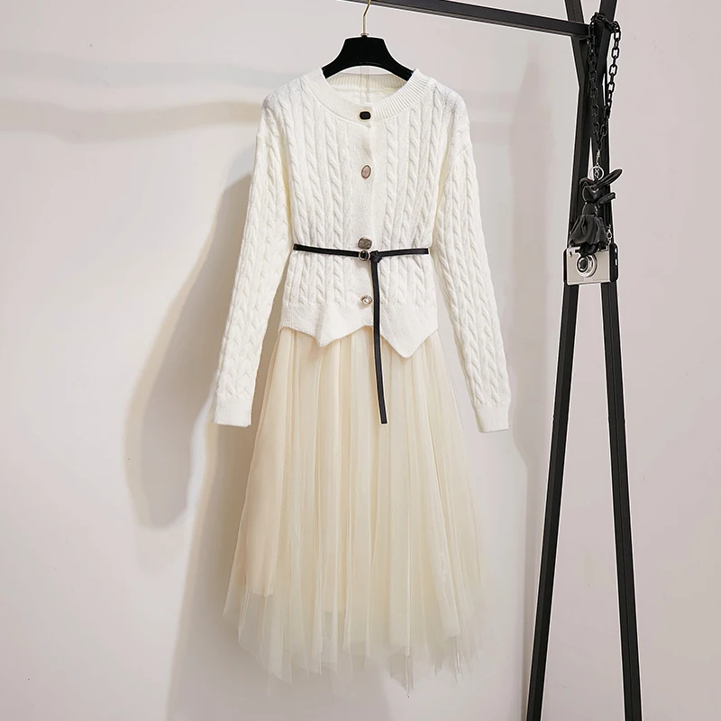 Amolapha Женский трикотажный топ на одной пуговице с поясом+ сетчатая юбка с эластичной резинкой на талии, комплект с юбкой макси