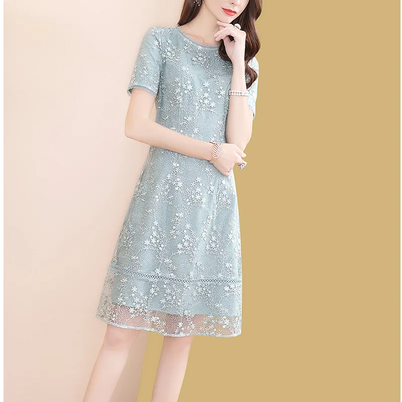 

Short Sleeve Lace Dress Women's Summer Mid-length 2019 New Style Popular Summer Women's Belly Covering Skirt