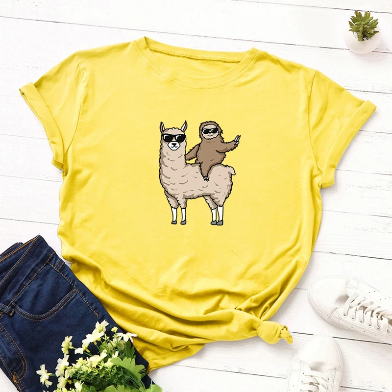 Женские футболки хлопок плюс размер Graphic Графические футболки женские рубашки летние топы классные ламы печатные смешные футболки одежда - Цвет: Цвет: желтый