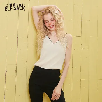 

ELFSACK Black Solid Minimalist Strappy Knit Sling Women Tank 2020 Spring Beige Pure New Sleeveless Sexy Ladies V Neck Camis Tops