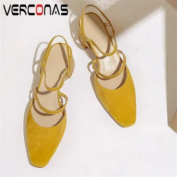 

VERCONAS 2020 Fashion Woman Sandals Woman Pumps New Arrival Genuine Leather Elegant Shoes Square Toe Square Heeled Shoes Woman