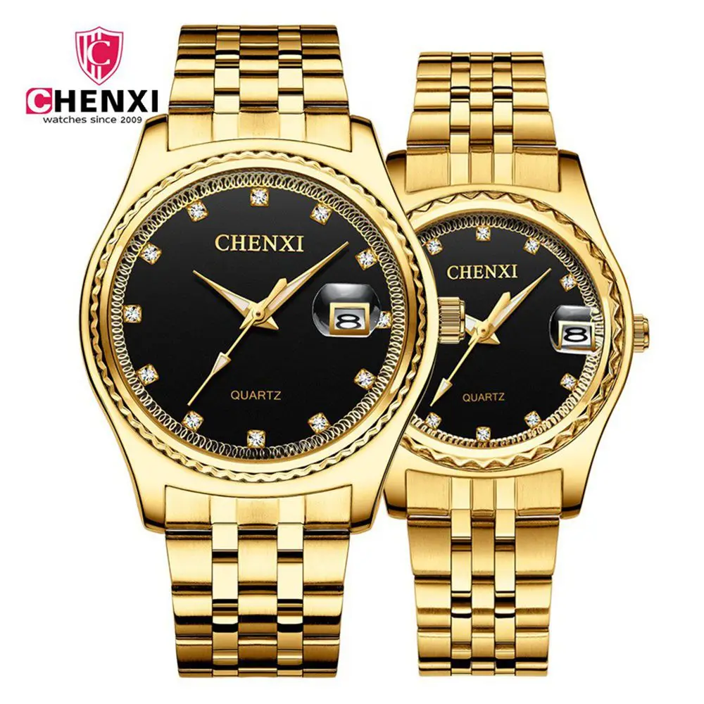 1660637black Бренд CHENXI роскошные часы модные часы для влюбленных роскошные золотые часы со стразами для пары Женские Мужские кварцевые часы из нержавеющей стали - Цвет: 1660637black