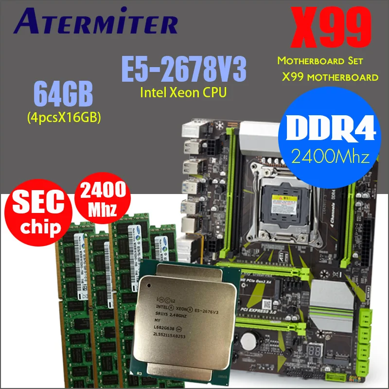 X99 набор материнских плат с Ксеон E5 2678 V3 4 × 16 ГБ = от 64 Гб 2400 МГц DDR4 память ECC Reg