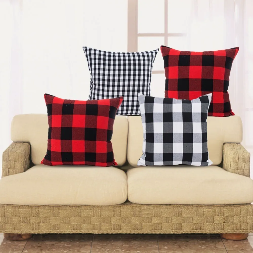 Red Black Cushion Cover Polyester Cotton Plaid Pillow Cases Square Rectangle Pillow Cover for Sofa Room Home Office Decoration
