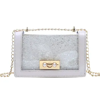 

New Women Summer Fashion PU Leather Patch PVC Transparent Bag Ladies Girls Cover Pearl Lock Flap Clear Bag Purse Womens Handbags