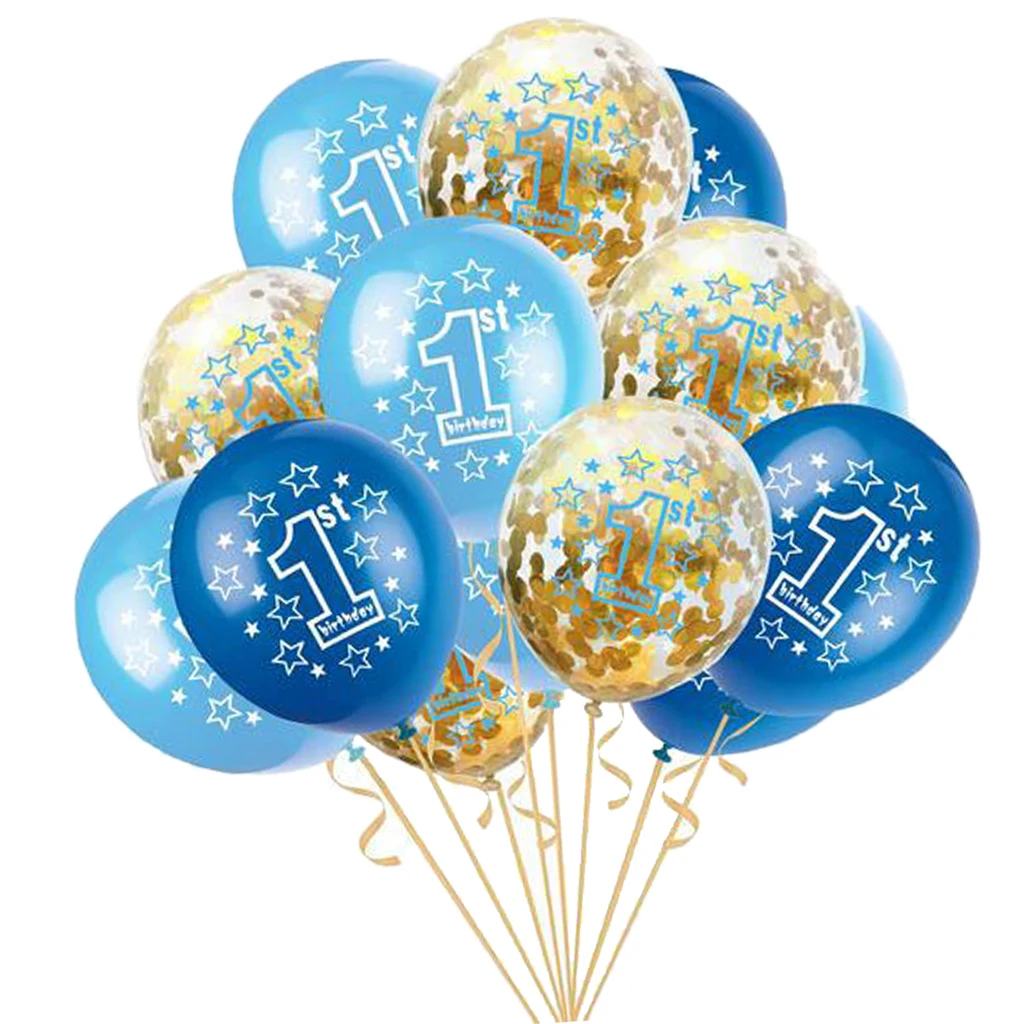 15 Pack Premium Quality Latex Balloons with Paillette Confetti and Ribbon 1st  Birthday Party Baby Shower Decor Accessory