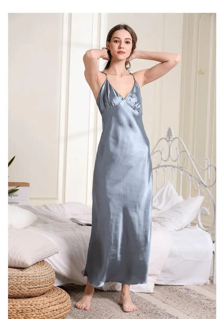 Women Satin Nightdress Sleepwear Summer New Suspender Skirt Sleepwear V-neck Nightgown Sexy Long Spaghetti Stap Night Dress - Color: Blue