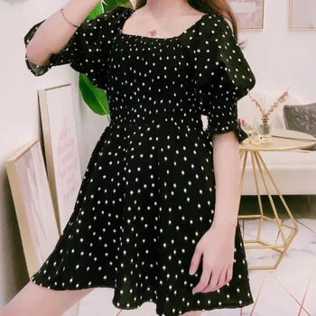 

2020 New Style French-Style Square Collar Floral-Print Black and White with Pattern Puff Sleeve Skirt Waist Hugging Slimming Dre