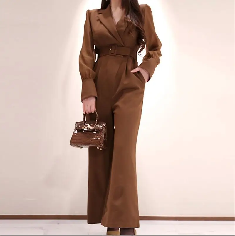 no bag Jumpsuits Новые зимние однотонные комбинезоны с высокой талией и поясом из шифона в стиле пэчворк, облегающие офисные женские Комбинезоны из органической ткани с широкими штанинами - Цвет: no bag Jumpsuits