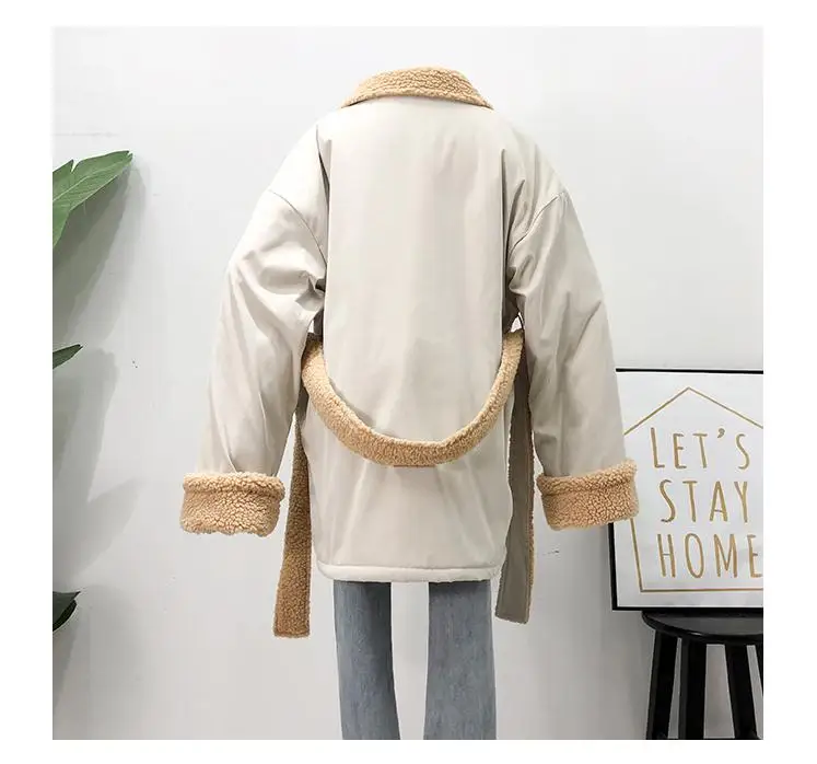Mooirue Winter Women Lamb Cashmere Jackets With Sashes Patchwork Pockets Vintage Streetwear Koren Style Long Cardigan Coats