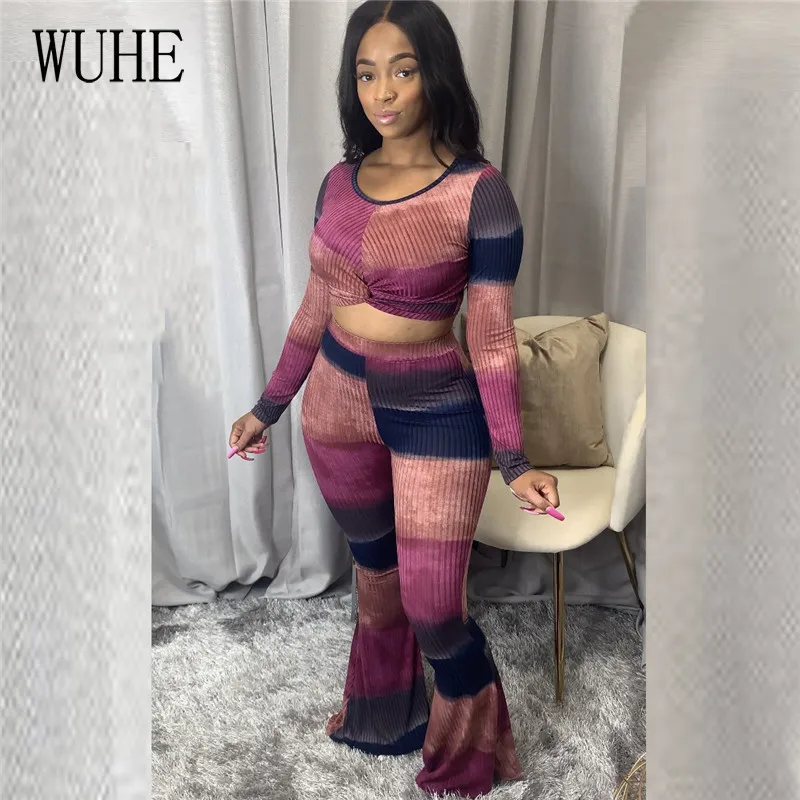 

WUHE Autumn Women's Set Elegant Print Long Sleeve Round Neck Short T-shirt Top Wide Leg Trousers Two-piece Suit Casual Tracksuit