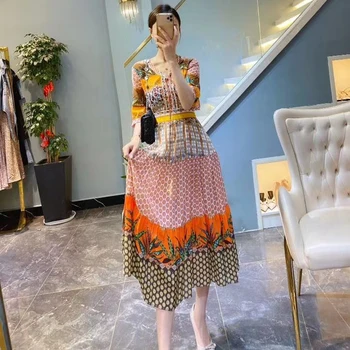 

100% Silk Runway Dress Women Hight Fashion Print Dress Short Sleeve