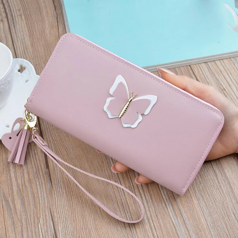 Fashion Butterfly Women Wallet Wrist Handle Phone Case Long Section Money Pocket Pouch Handbag Women's Purse Card Holders